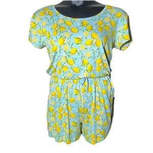 Alex’s Lemonade Blue Sz Medium Rayon Romper Pockets Beach Holiday Lounge Citrus